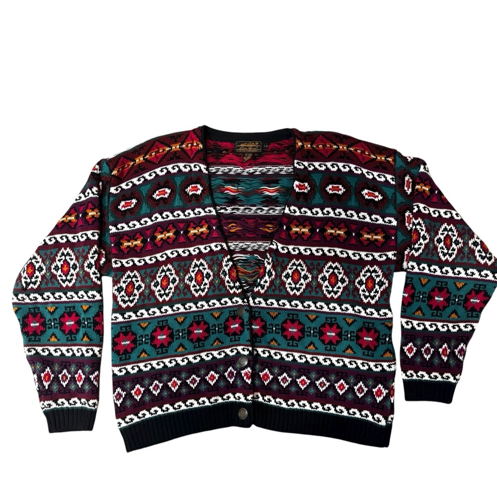 Vintage Eddie Bauer Women's Multicolor Tribal Knit Cardigan 100% Cotton Size L - Picture 2 of 11